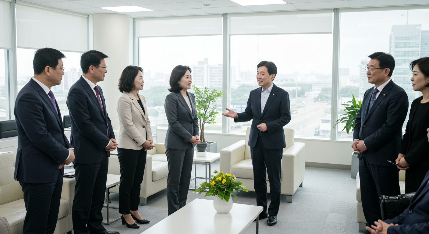 경기도 정부 청사에서 동료와 업무를 논의하는 여성 정치인의 모습