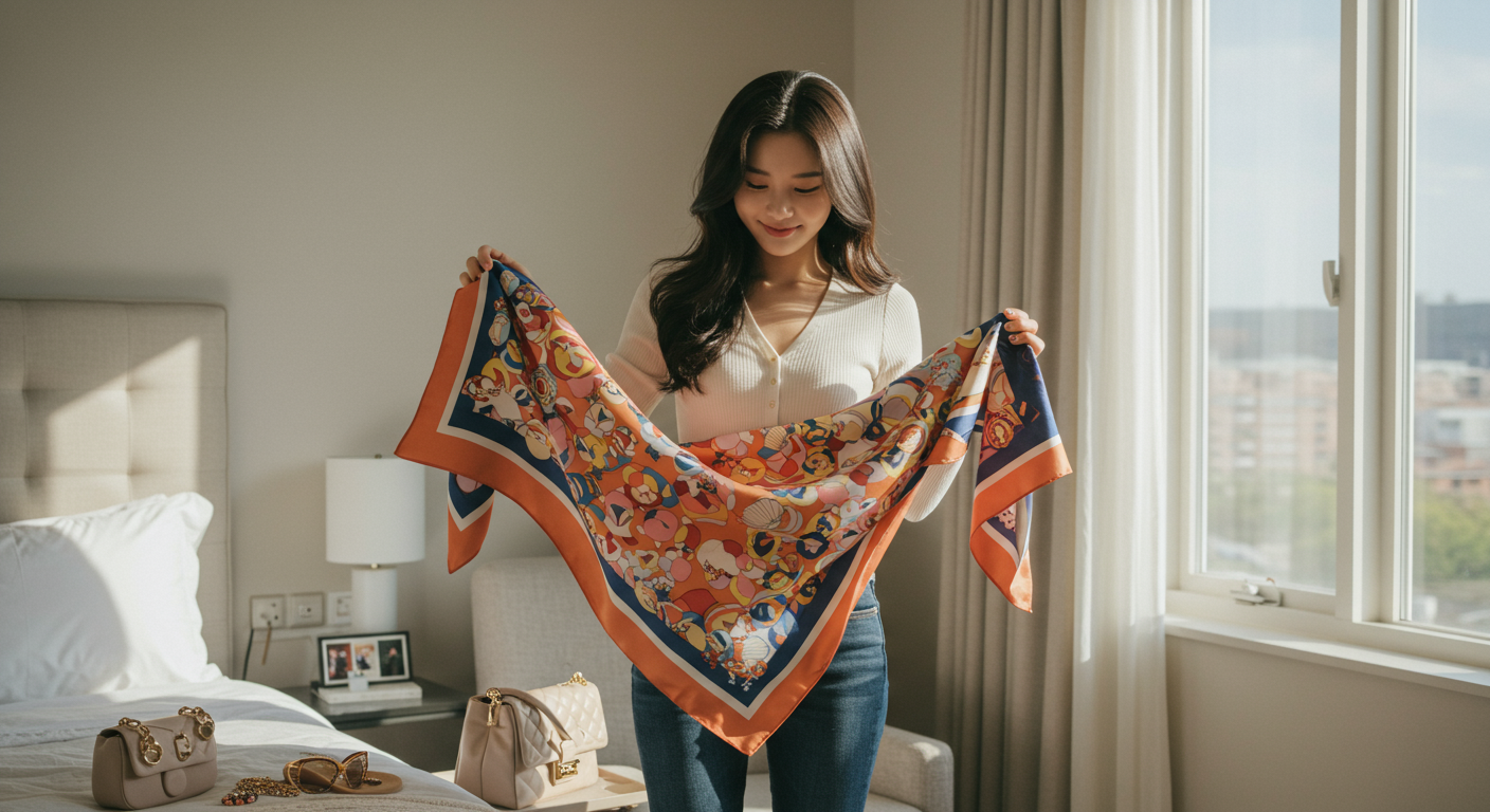 한국 여성이 밝은 방에서 다채로운 스카프를 다루는 모습