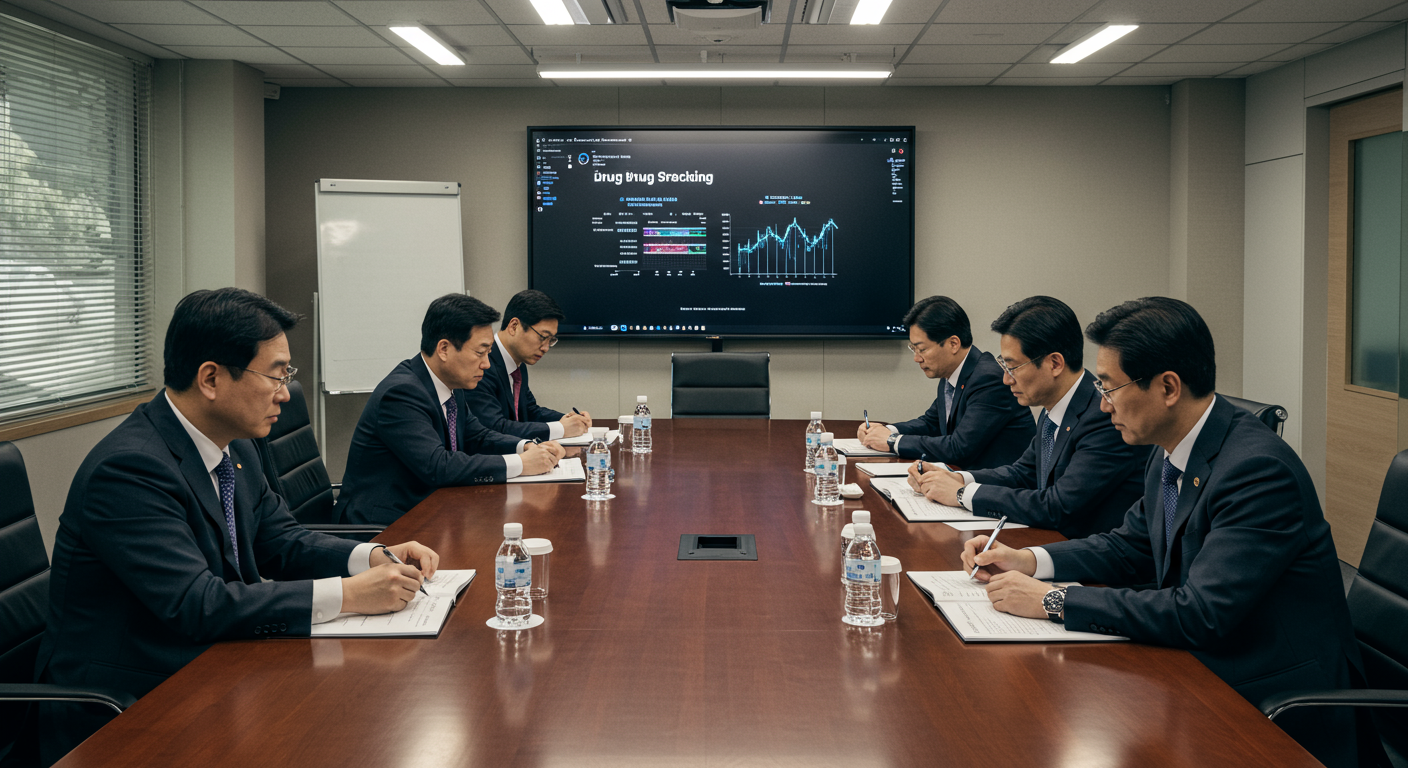 한국의 경영진이 약품 가격 조정에 대해 논의하는 회의실 풍경