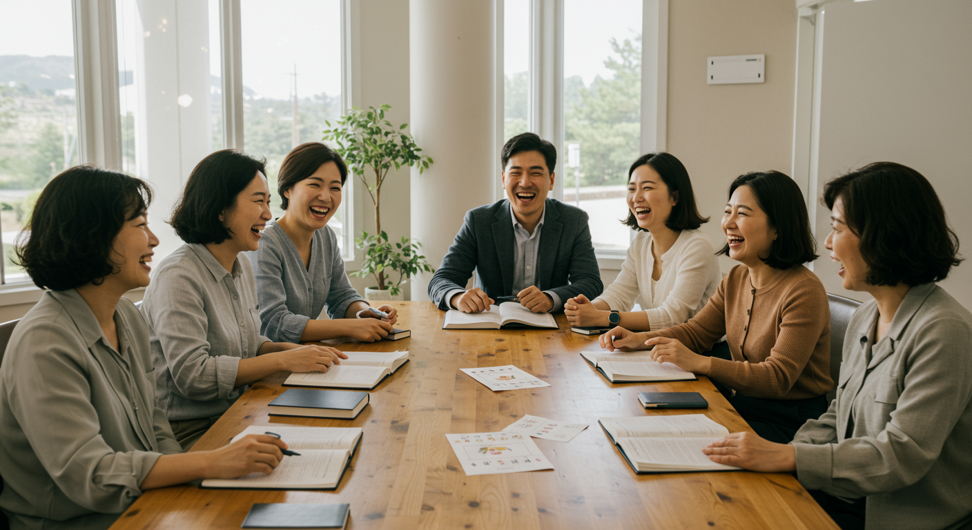 교회 모임에서 성경 퀴즈를 풀며 웃고 있는 현대적인 가족들의 모습