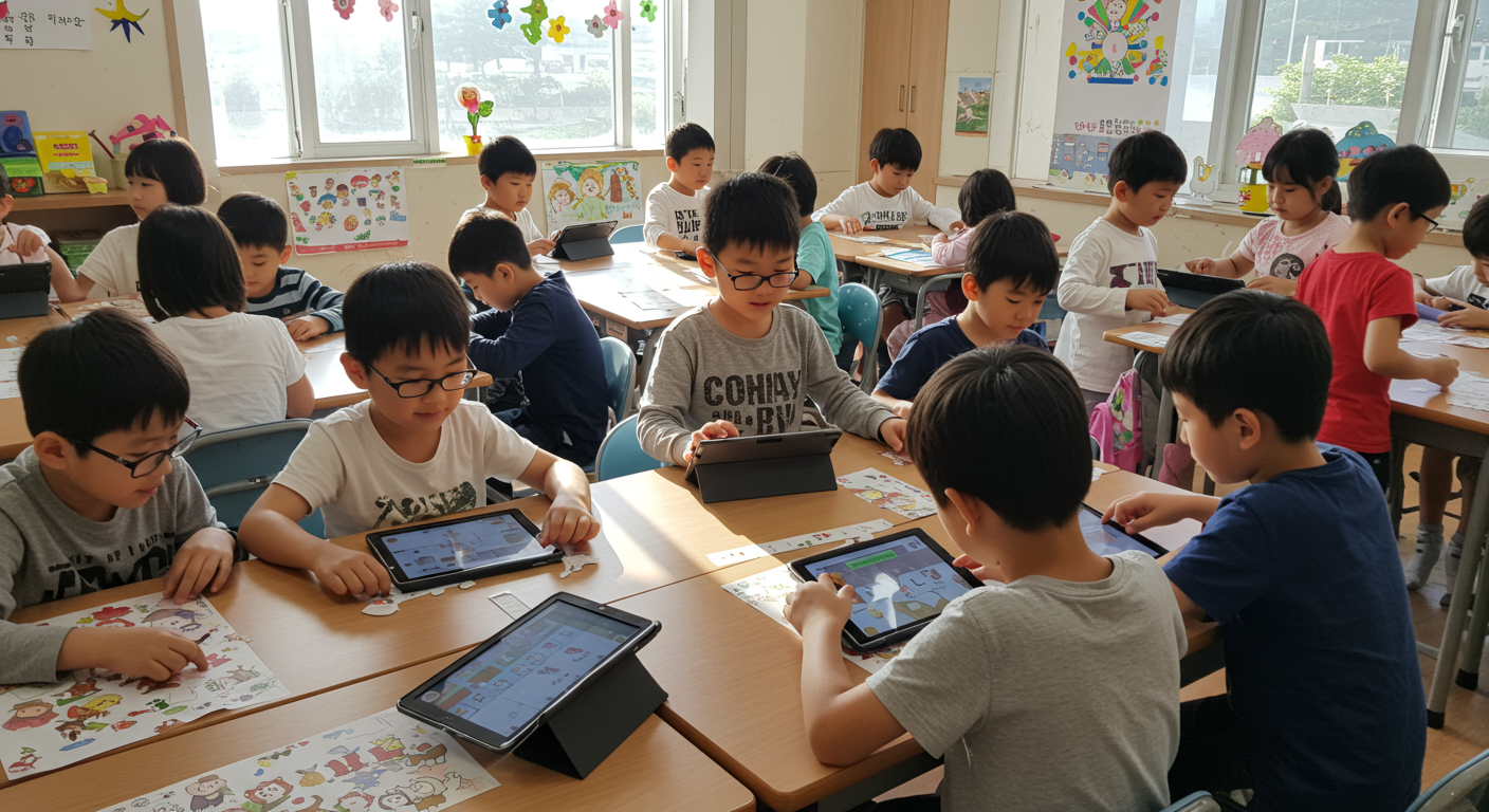 주일학교에서 태블릿과 종이를 활용해 성경 관련 게임을 하는 어린이들