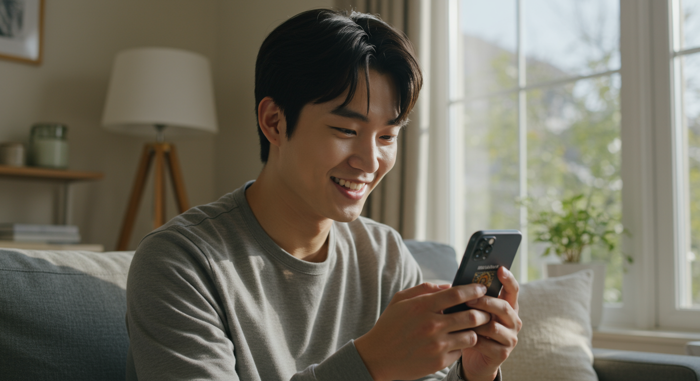 집에서 스마트폰으로 미리암 관련 퀴즈를 읽으며 미소 짓는 젊은 남성