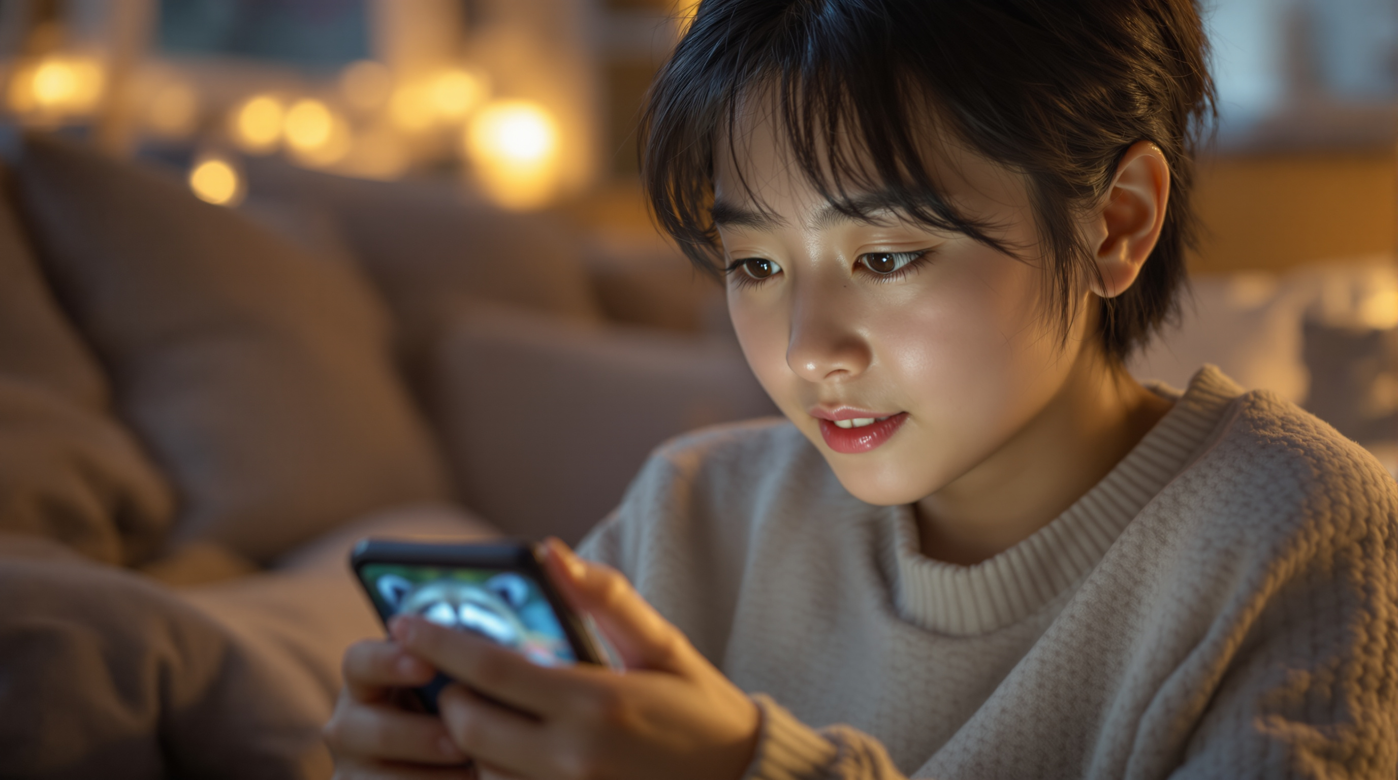 한국의 청소년이 스마트폰으로 라쿤 영상을 보는 모습