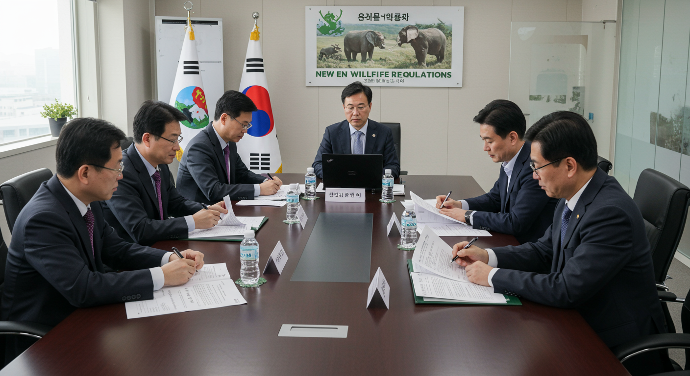 정부 관계자들이 사무실에서 야생동물 관련 법규를 논의하는 장면