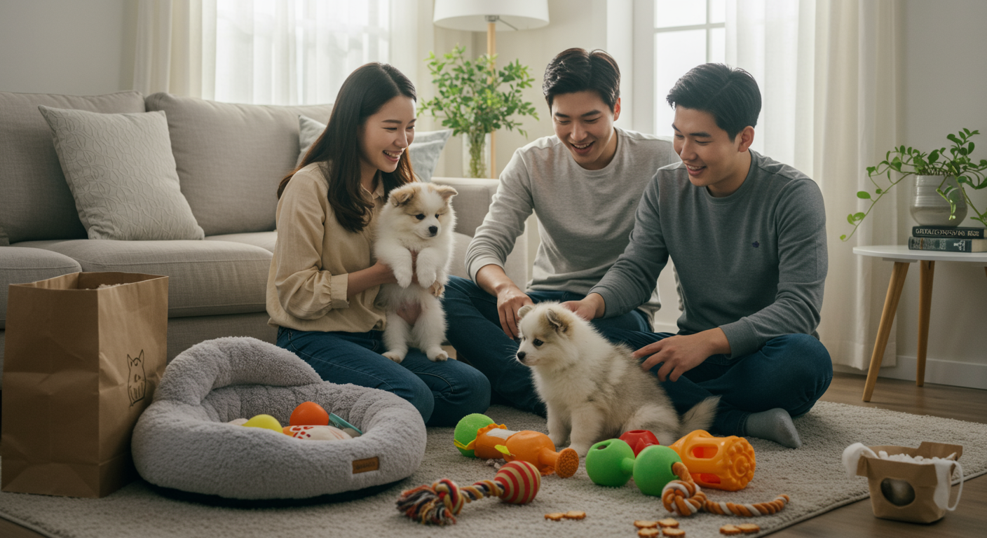 젊은 가족이 폼스키 강아지를 맞이하기 위해 집을 준비하는 모습