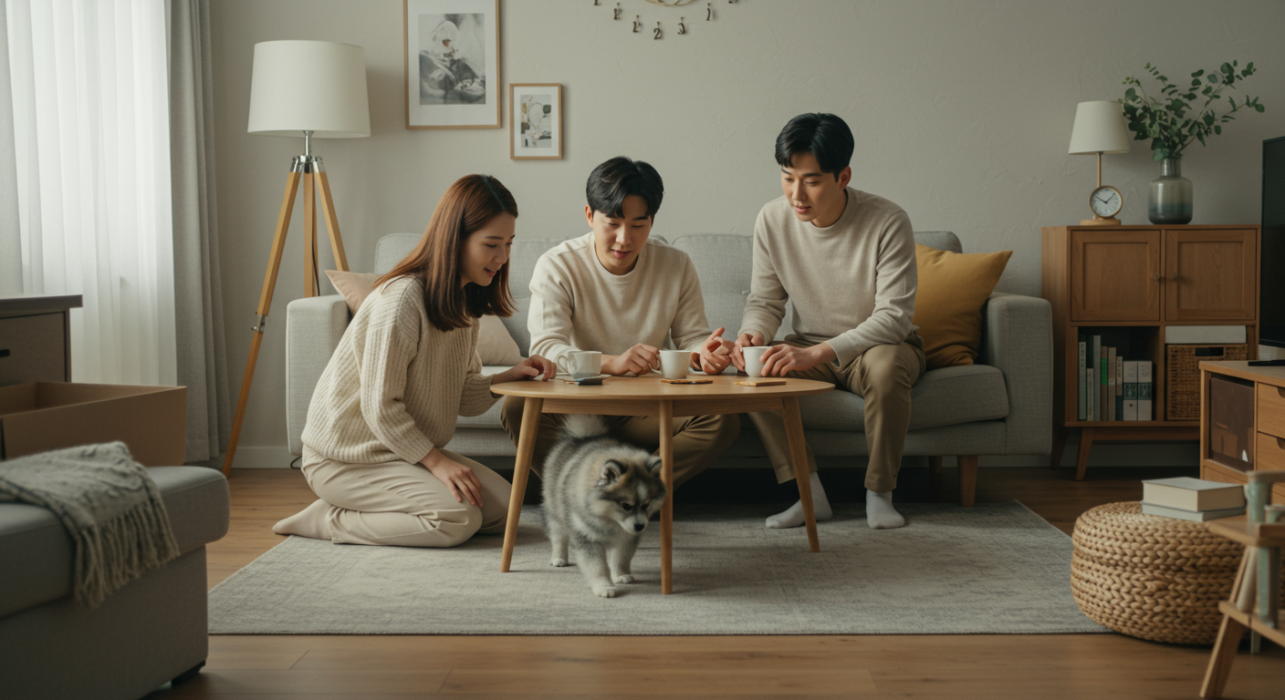 새로운 환경에 적응 중인 폼스키와 차분히 상호작용하는 가족