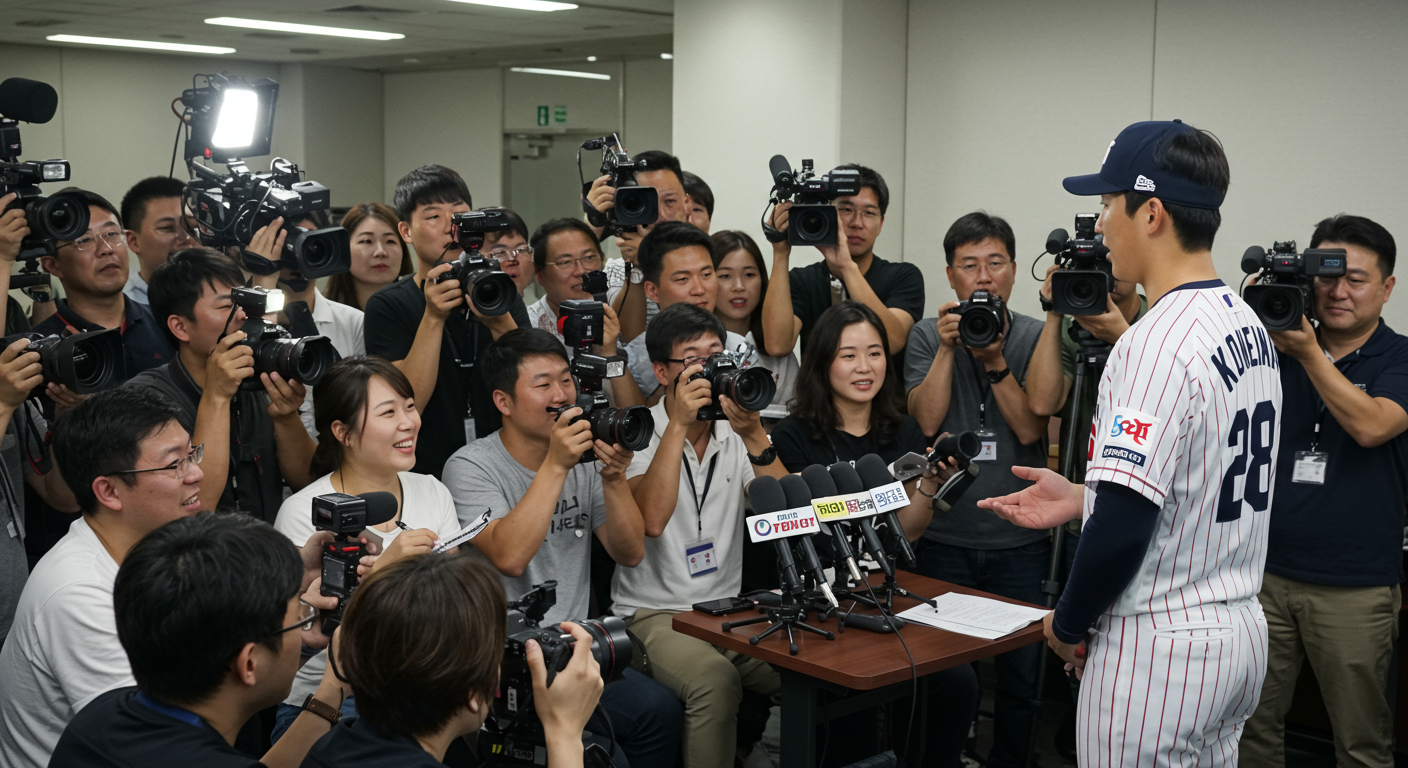 한국 야구 선수가 기자회견에서 팀 유니폼을 입고 있는 모습