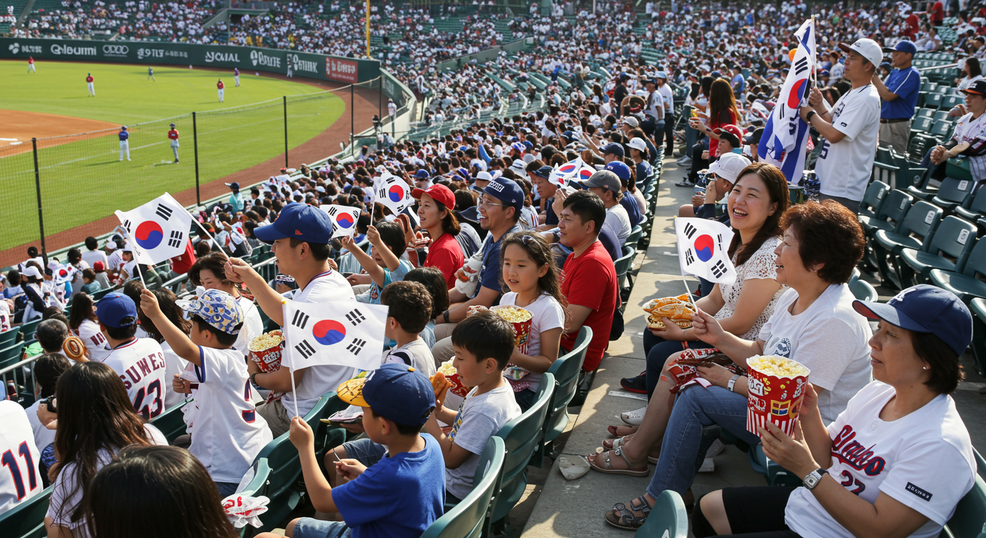 가족들이 야구 경기를 즐기는 모습과 응원하는 아이들
