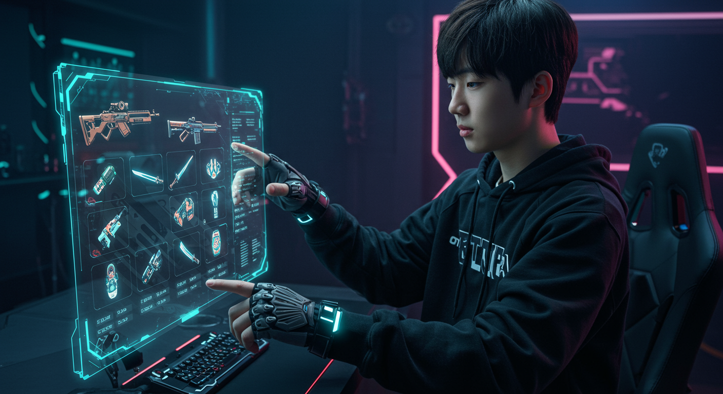 홀로그램 디스플레이를 통해 인벤토리를 관리하는 모습