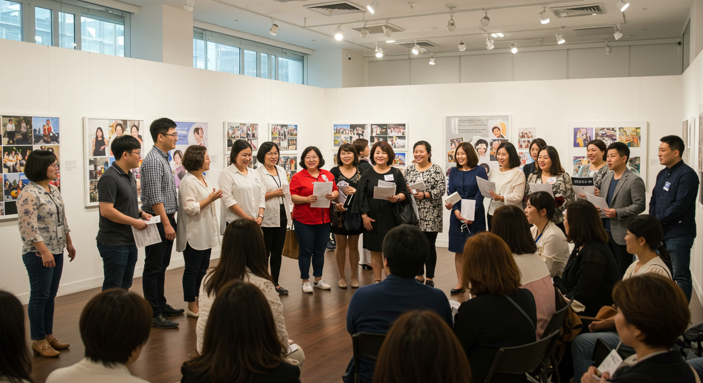 다양한 한국인들이 갤러리에서 체중 감량 성공담을 나누고 있는 모습