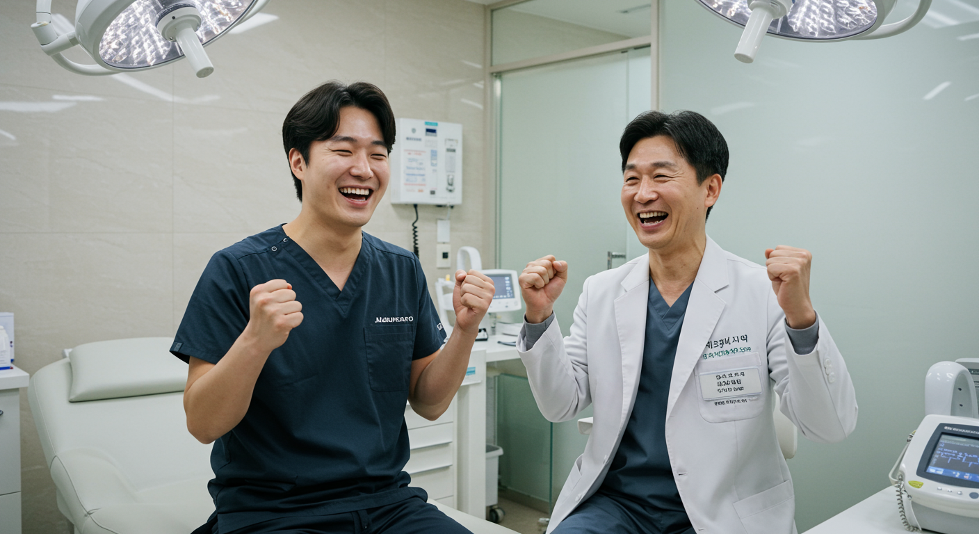 클리닉에서 마운자로 사용 후 대사 건강 개선을 축하하는 환자와 의사