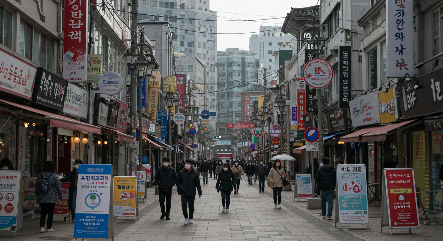 현대 한국 도시의 거리에서 마스크를 쓴 사람들이 바쁜 일상을 보내는 모습