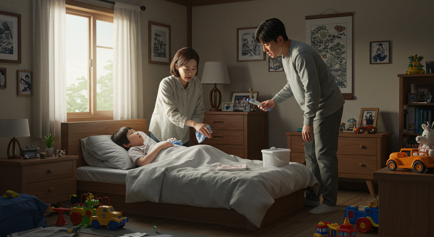님버스 변이가 퍼지는 동안 집에서 아픈 아이를 돌보는 가족의 모습