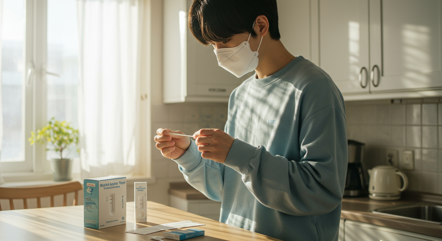 집에서 자가진단키트를 사용해 코로나 증상을 확인하는 장면