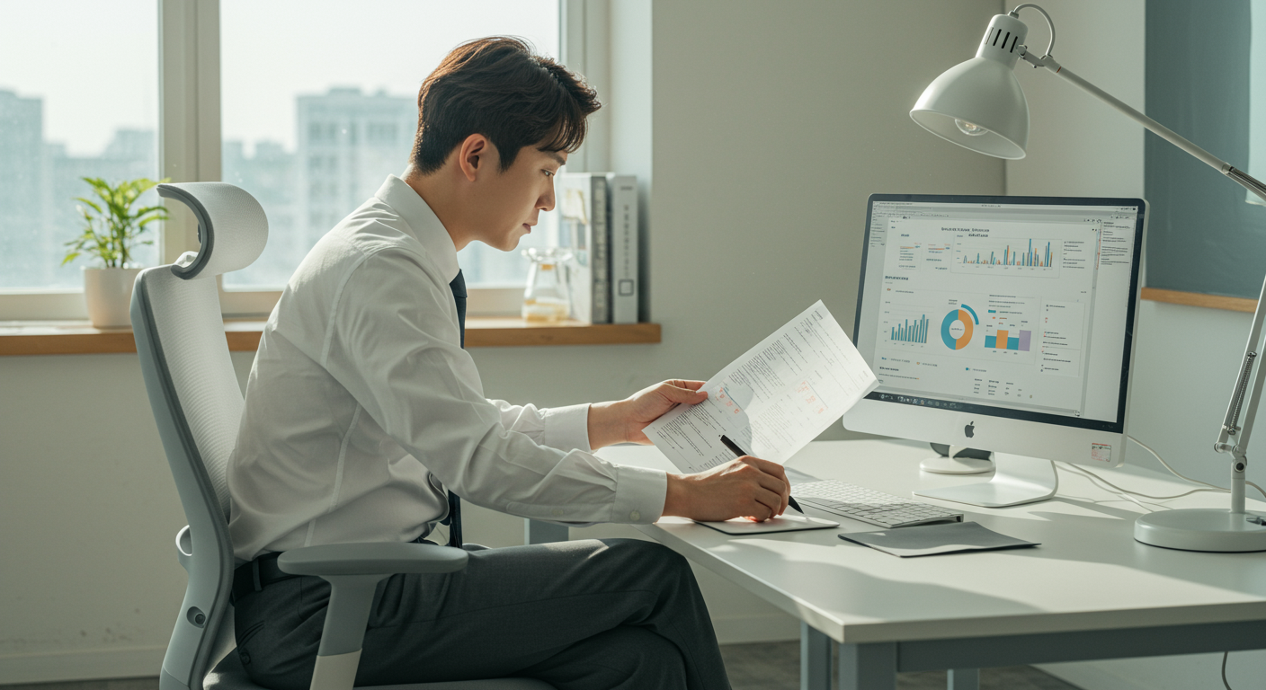 현대적 사무실에서 컴퓨터로 기출문제를 분석하는 남성