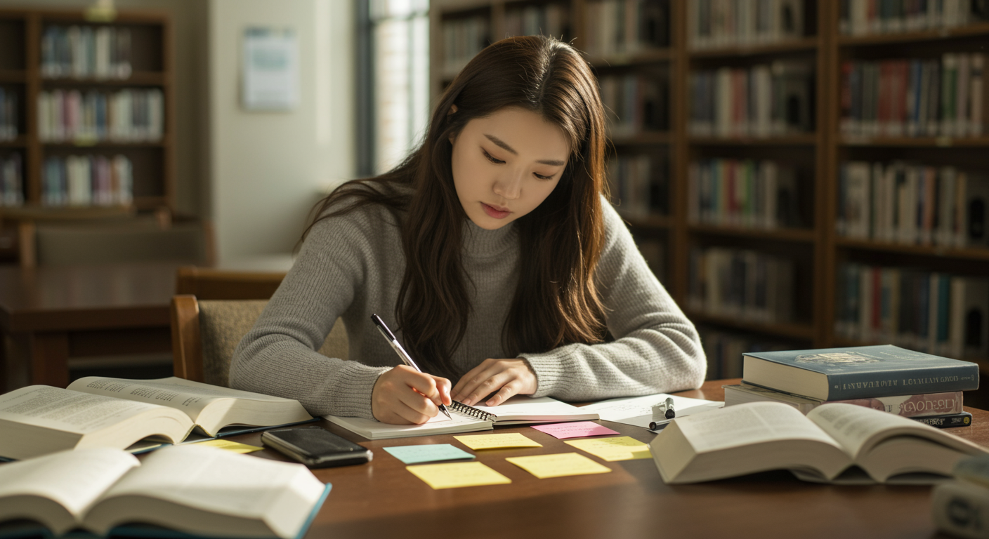 도서관 테이블에서 책과 노트를 펼쳐두고 답안 작성을 연습하는 여성