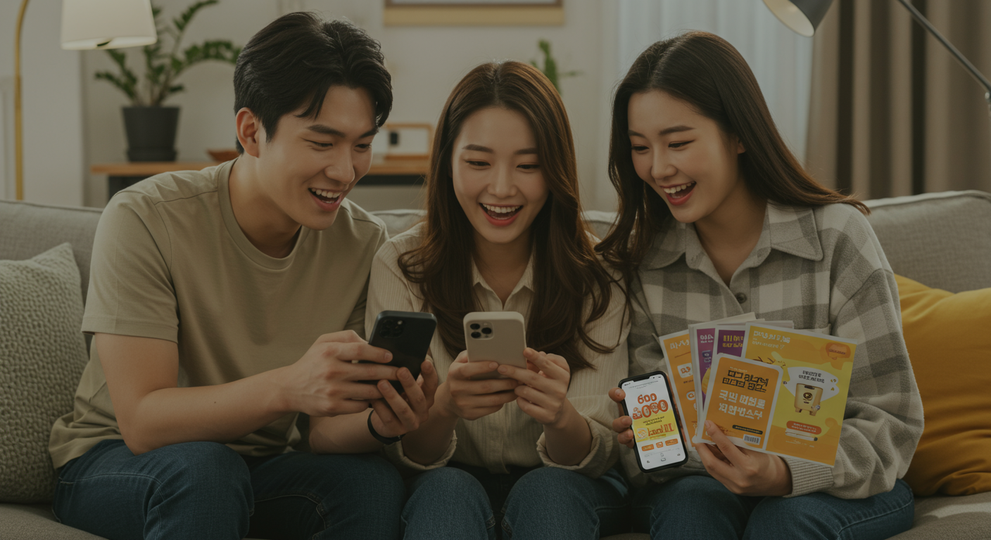 친구들이 모여앉아 앱 기반 리워드 프로그램을 공유하는 장면