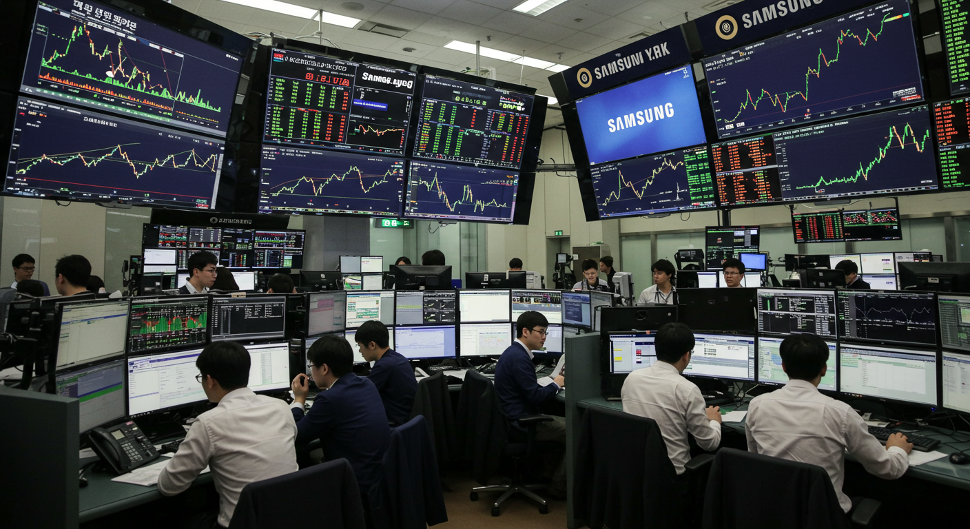 한국 증권 거래소에서 삼성전자우 주식 가격이 신기록을 세우는 모습