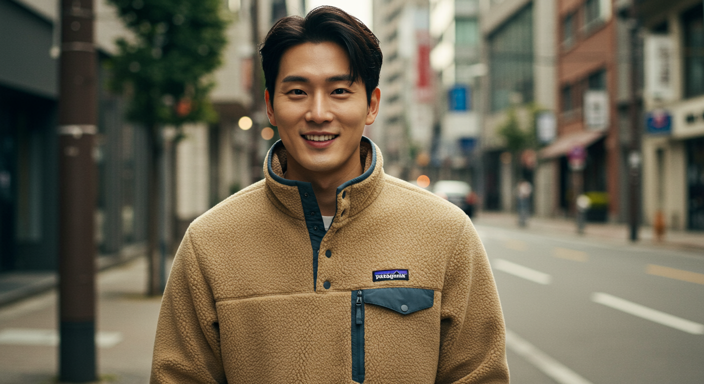 도시 환경에서 잘 맞는 오트밀 색상 파타고니아 신칠라 자켓을 입은 남성