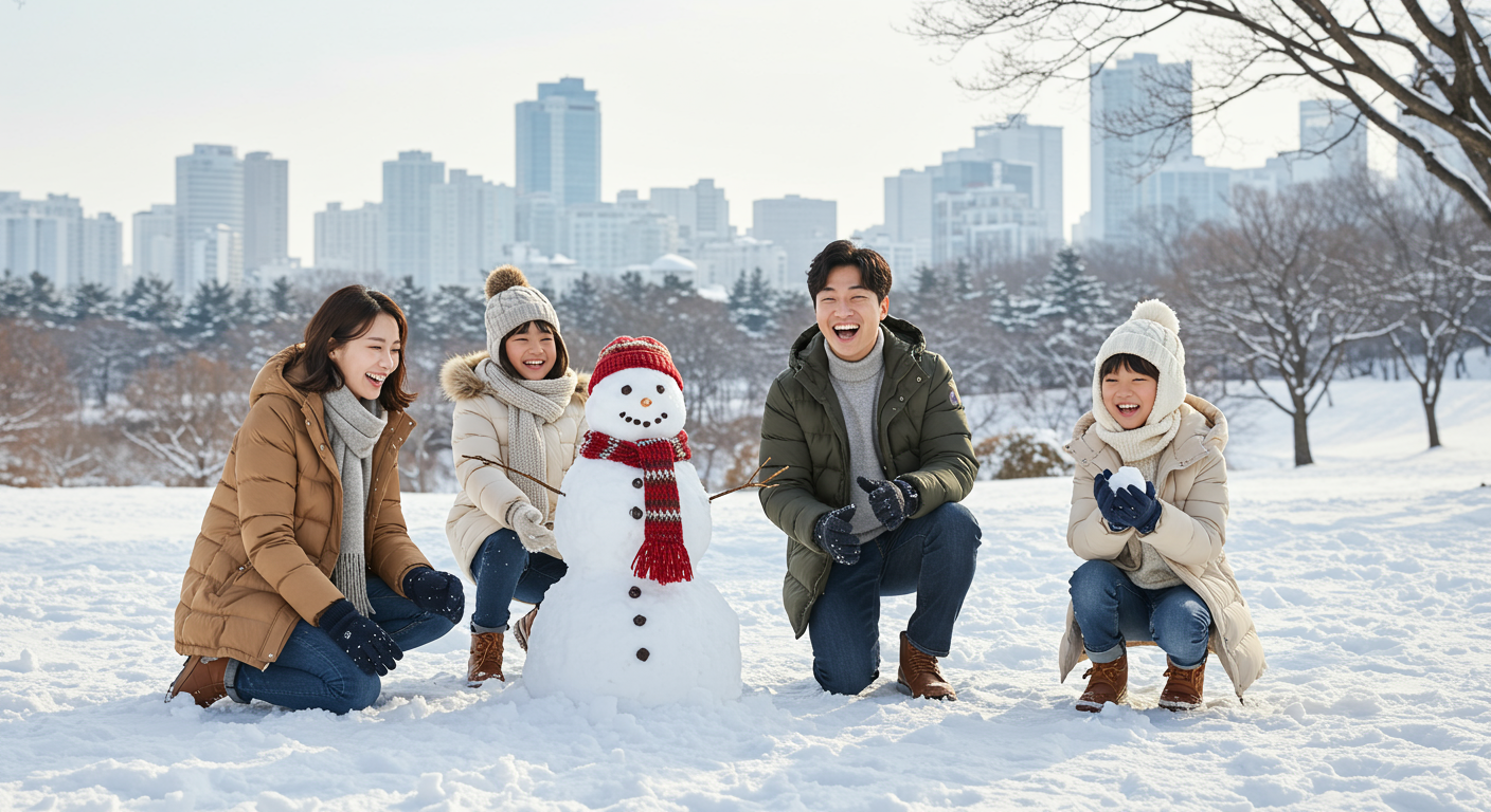 서울 공원에서 눈 내리는 날에 가족들이 유니클로 겨울 옷을 입고 즐기는 모습