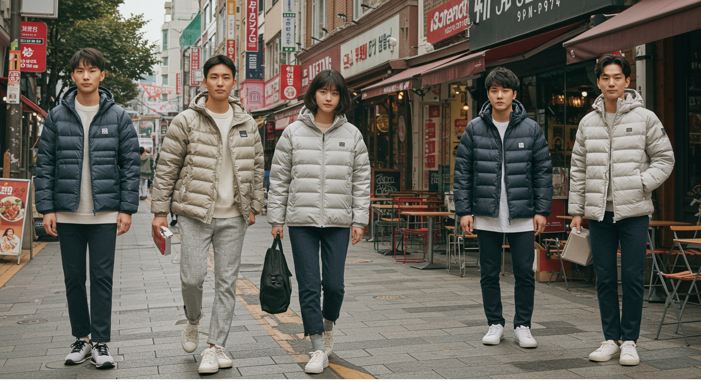 도시 배경에서 다양한 스타일의 유니클로 경량패딩을 입고 있는 모델들