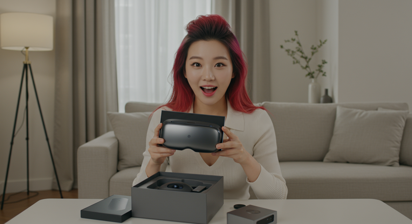 한국 소비자가 최신 갤럭시 XR 헤드셋을 개봉하며 기대와 호기심을 보이는 모습
