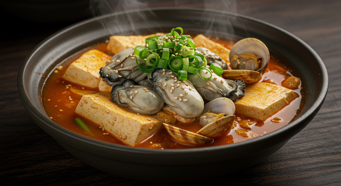 굴과 바지락이 들어간 얼큰한 순두부찌개가 김이 나는 모습