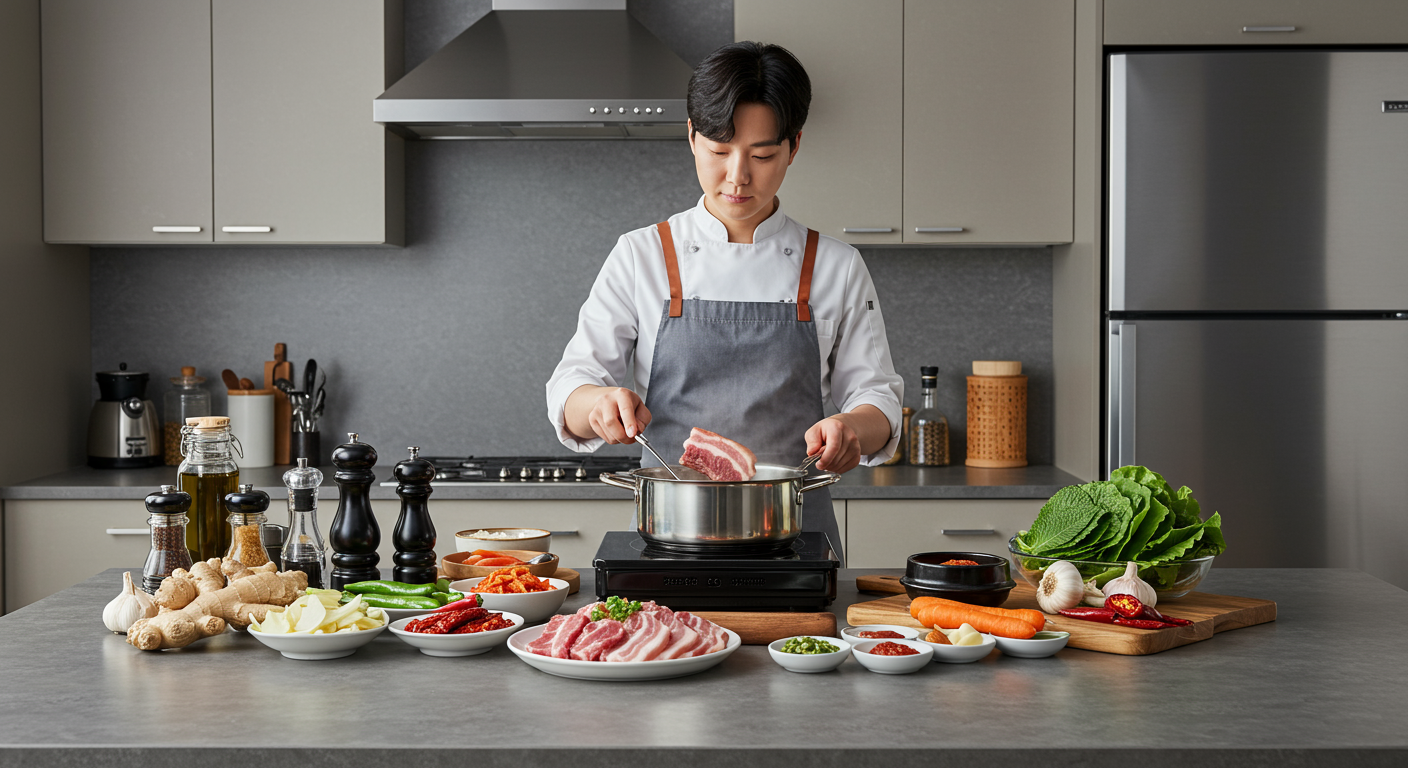 한국의 현대적인 주방에서 셰프가 수육을 준비하는 모습