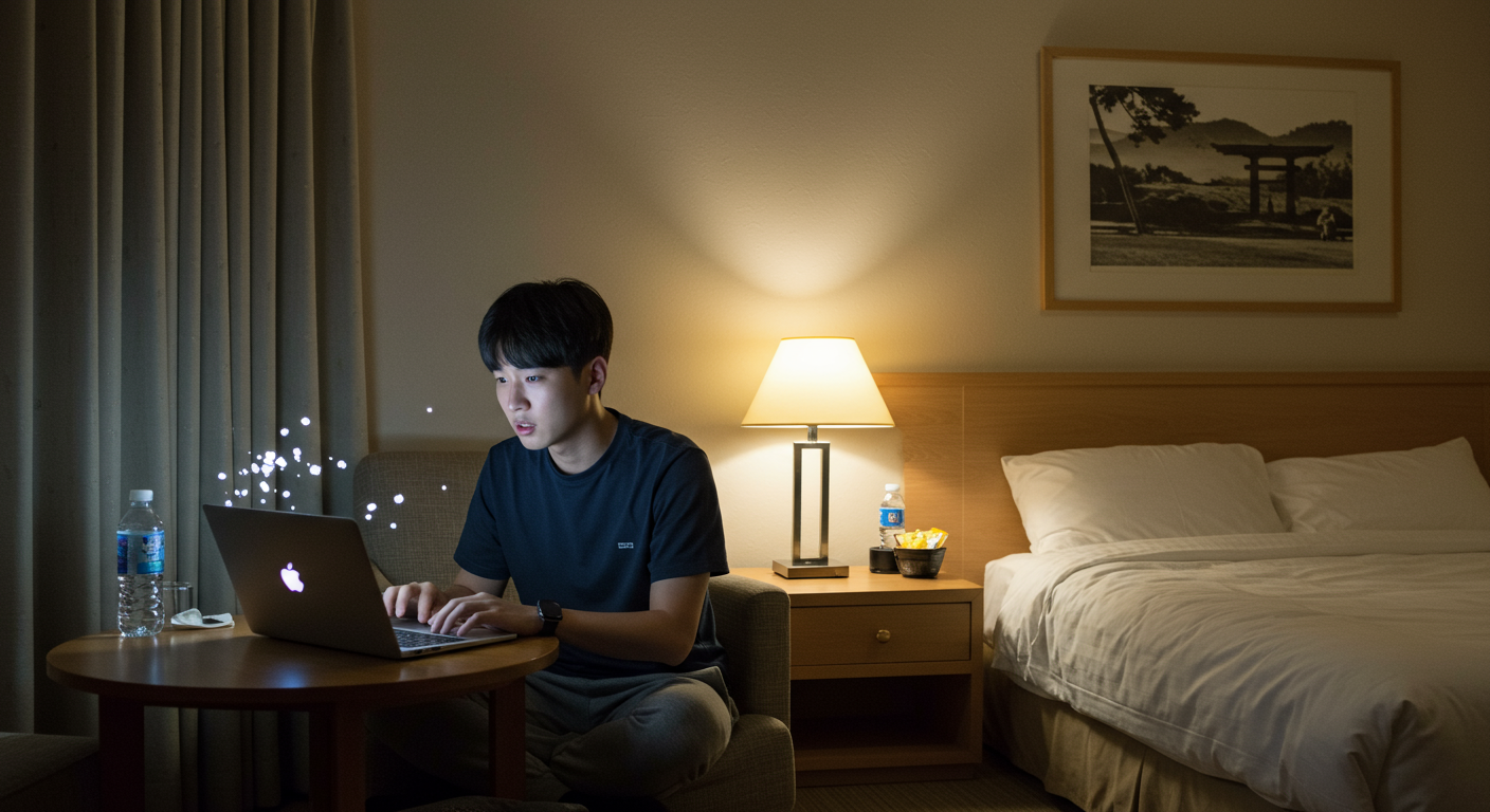 오사카 호텔 방에서 온라인 배송 옵션을 확인하는 여행객