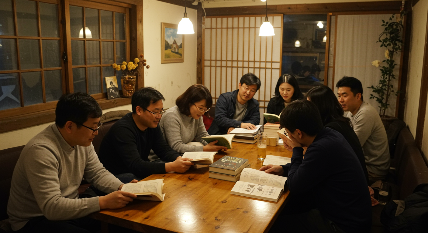 한국 카페에서 사람들이 책을 읽고 토론하는 따뜻한 분위기
