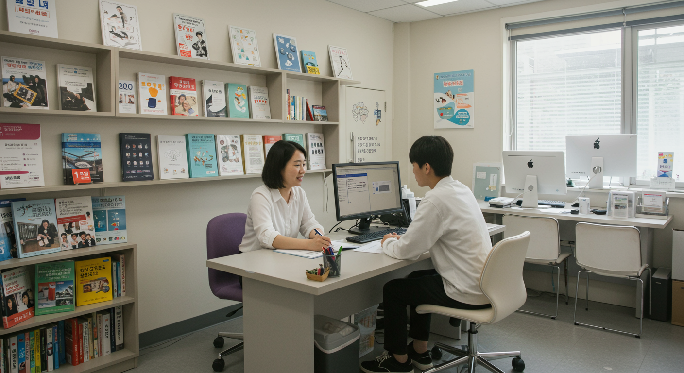 상담실에서 커리어 어드바이저가 학생에게 1대1 상담을 해주는 장면