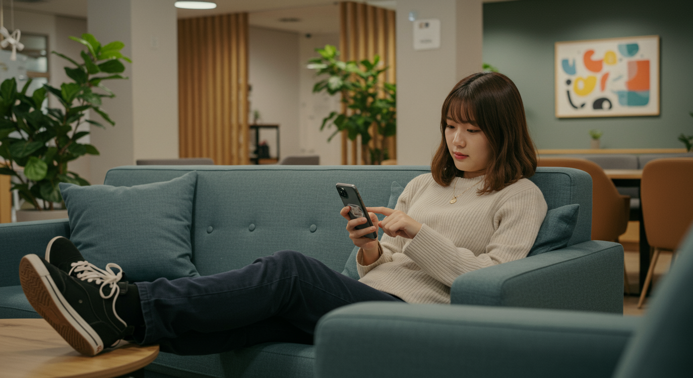 학생이 라운지에서 스마트폰 앱으로 진로 상담을 신청하는 모습
