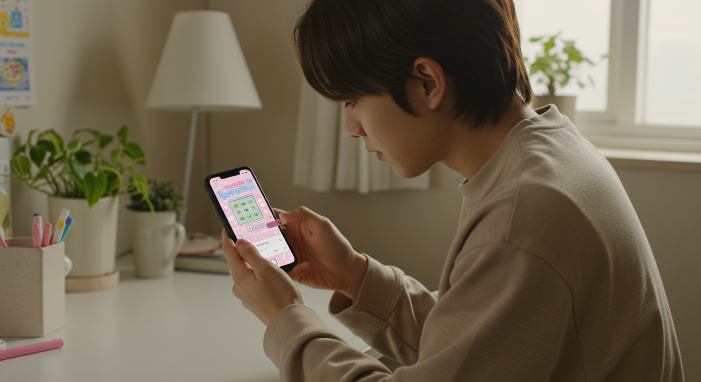 스마트폰의 다마고치 테마를 변경하는 장면; 색상과 텍스트 스타일을 조정하는 한국인의 모습