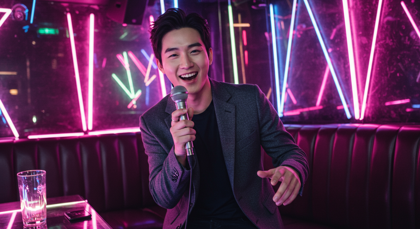 현대적인 노래방에서 마이크를 들고 있는 남성의 활기찬 모습