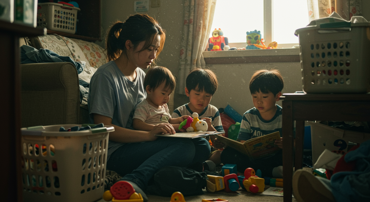 동생들을 돌보는 피곤하지만 결연한 표정의 소녀 모습
