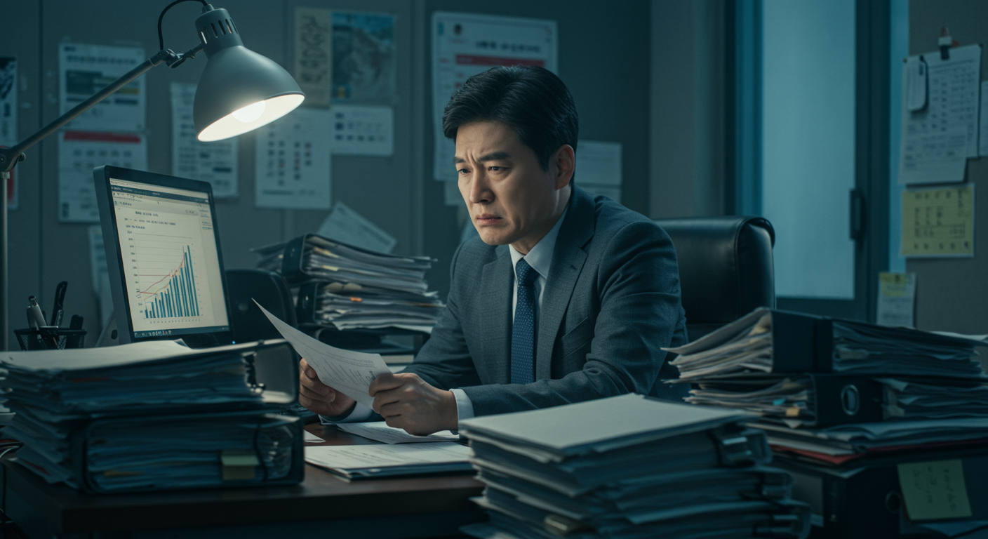 작은 사무실에서 금융 차트를 보며 고민하는 사업가의 모습