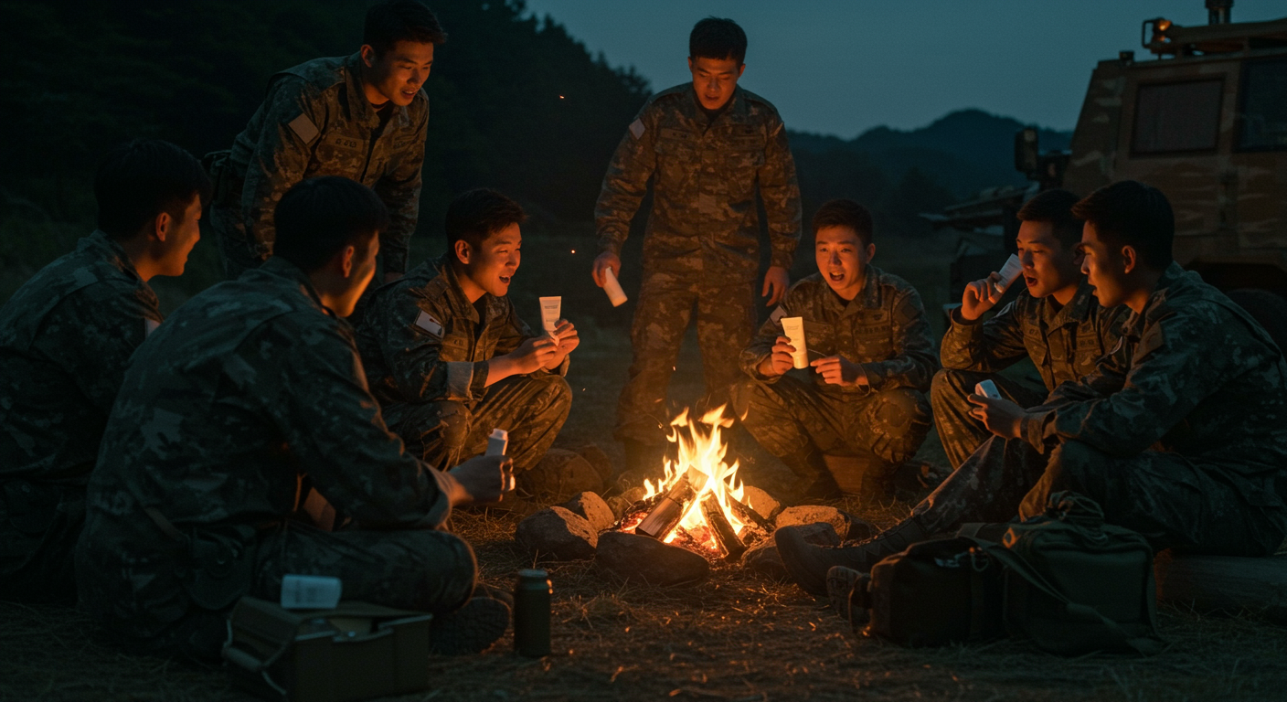 저녁 캠프파이어 주변에 모여 스킨케어 제품을 이야기하는 한국 군인들