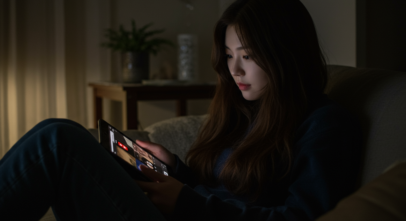 낮은 조명에서 태블릿으로 어두운 유튜브 영상을 보는 여성
