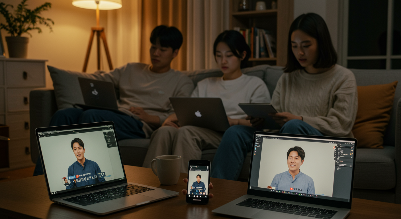 다양한 기기로 실시간 설교를 시청하는 젊은 사람들