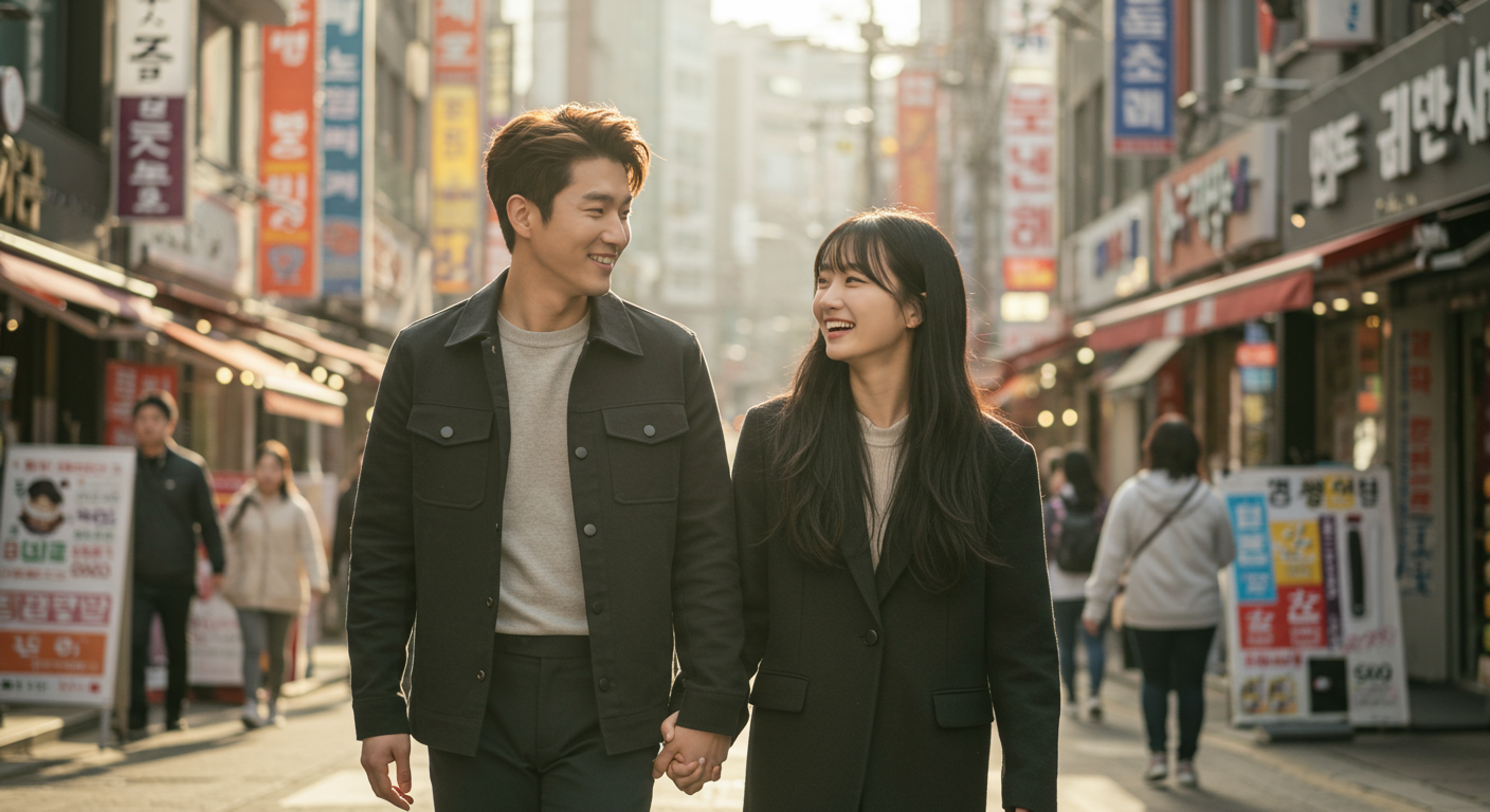 서울 거리에서 손을 잡고 걷는 현대적인 연예인 커플