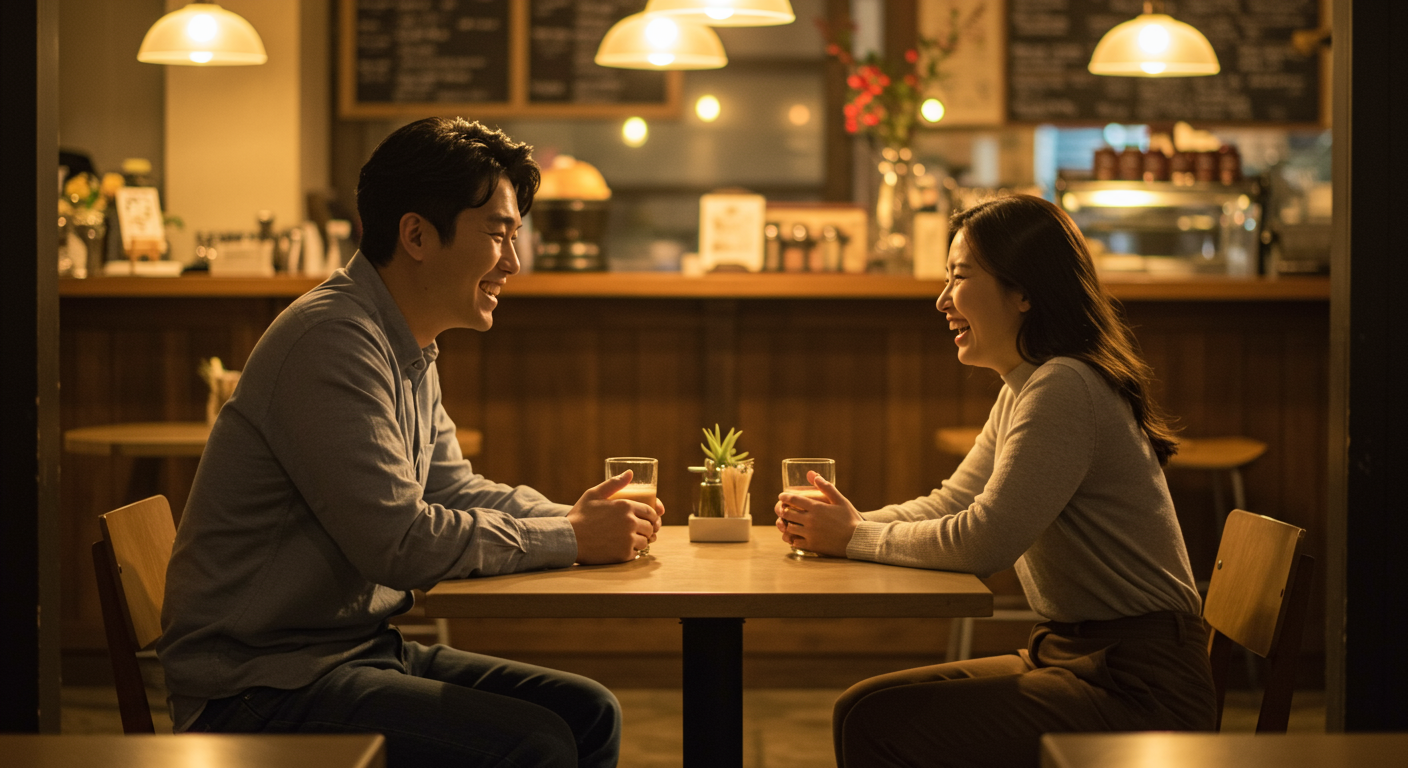 카페에서 대화를 나누며 웃고 있는 커플의 모습