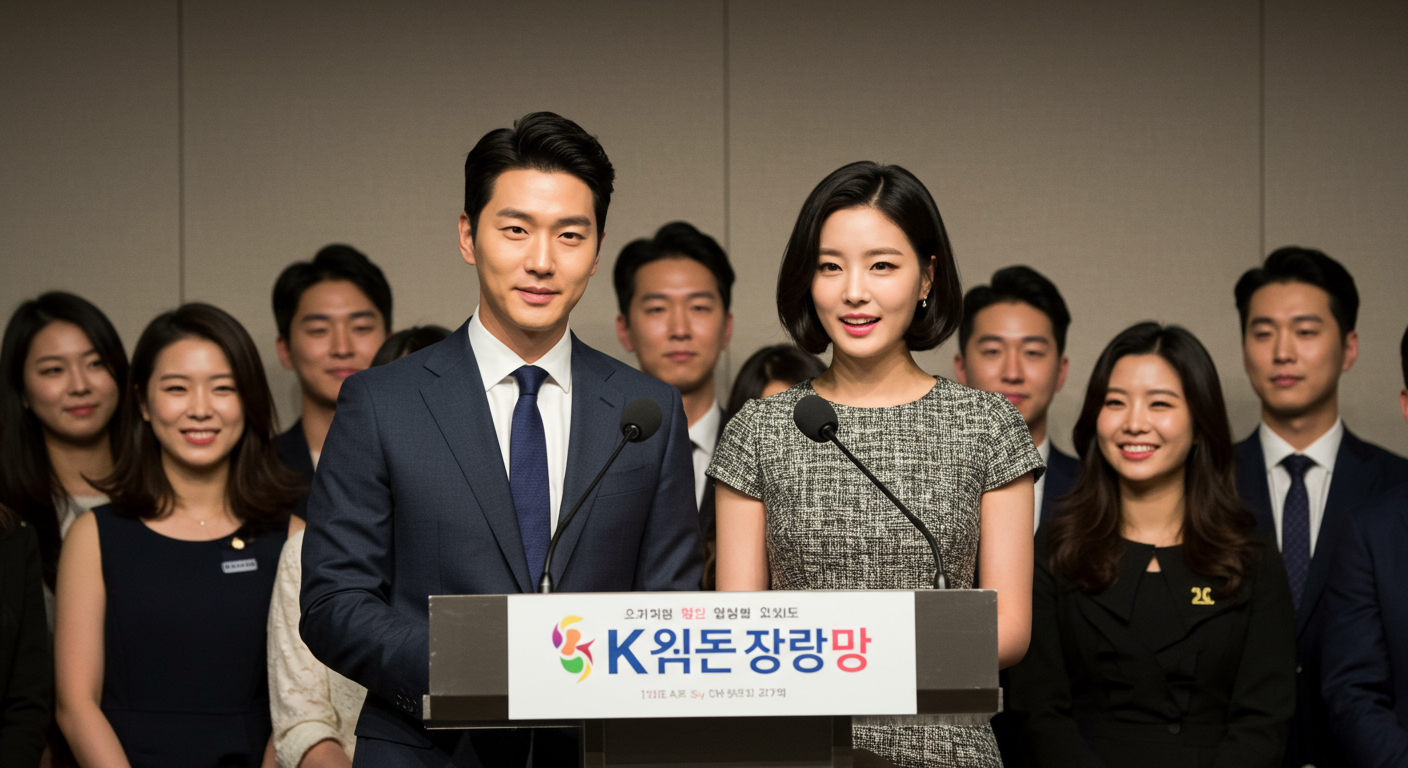 기자회견장에서 관계를 발표하는 커플과 그들을 응원하는 친구들