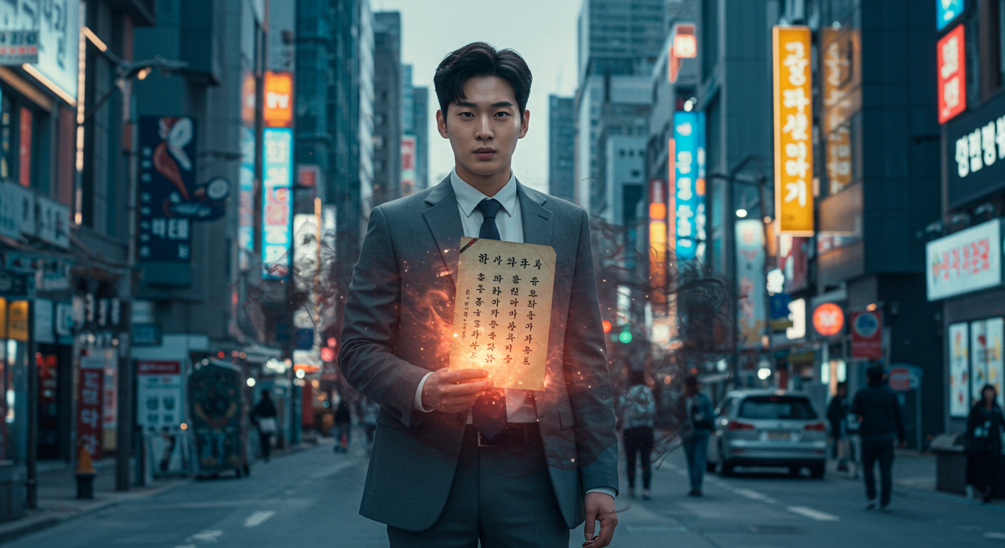 현대 도시 배경에서 초자연적 요소가 포함된 한국 사무직 근로자의 모습