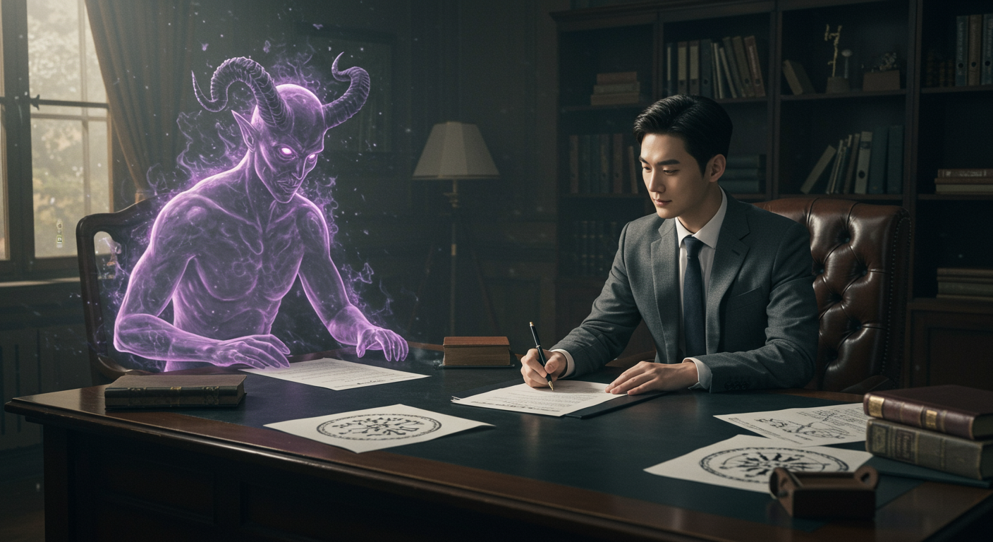 사무실에서 악마와 계약을 맺고 있는 젊은 남성의 신비로운 분위기