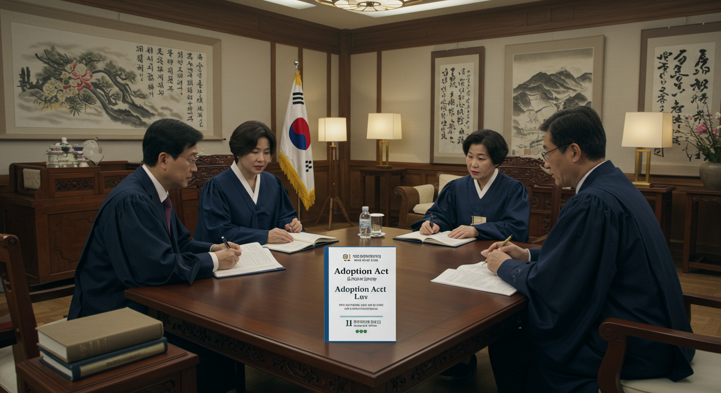 한국 가족법원에서 입양법에 대해 논의하는 판사들과 법률 관계자들