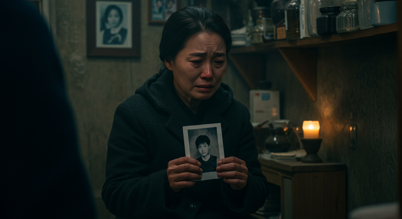어두운 방에서 아이 사진을 들고 있는 슬픈 어머니의 모습