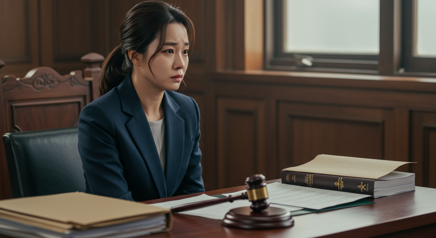 법정에서 결연한 표정을 짓고 있는 여성의 모습
