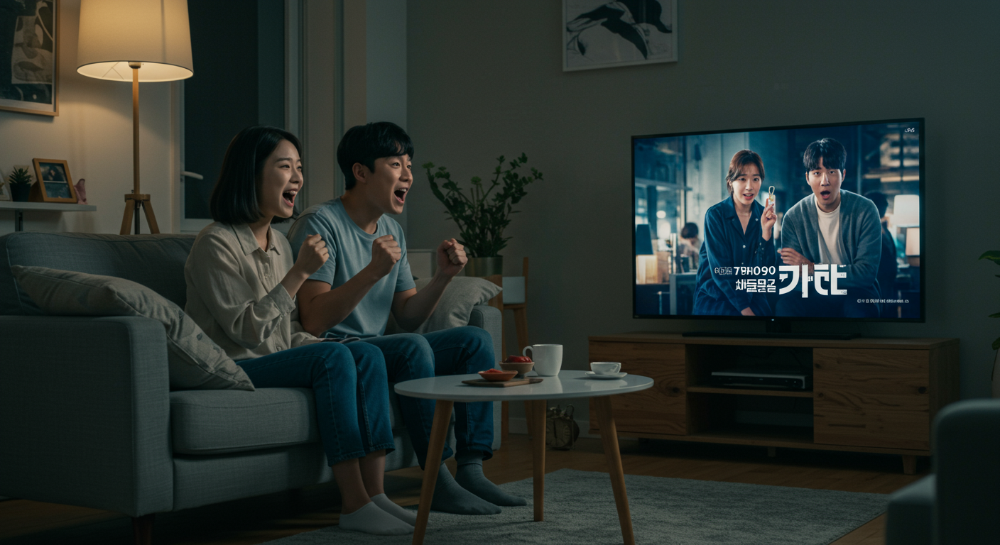 젊은 커플이 편안한 거실 소파에서 '태풍상사' 드라마를 시청하며 즐거워하는 모습