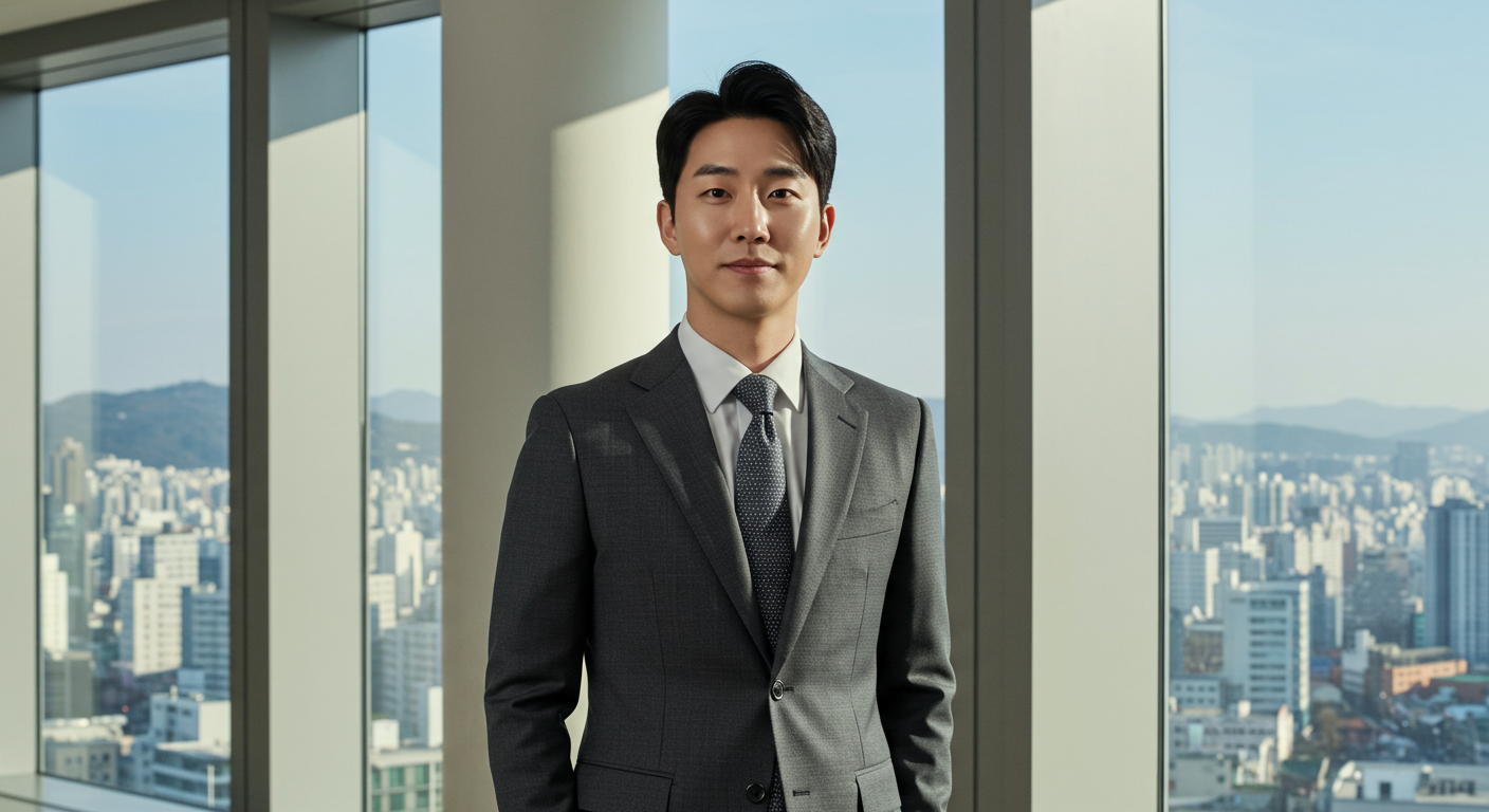 도시 전경을 바라보며 결단력 있는 표정을 짓고 있는 젊은 CEO의 모습