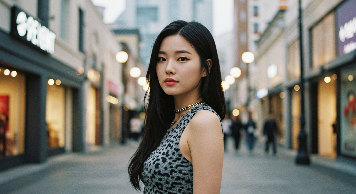 현대적인 도시 배경에서 자신감과 매력을 발산하는 여배우와 가수의 모습